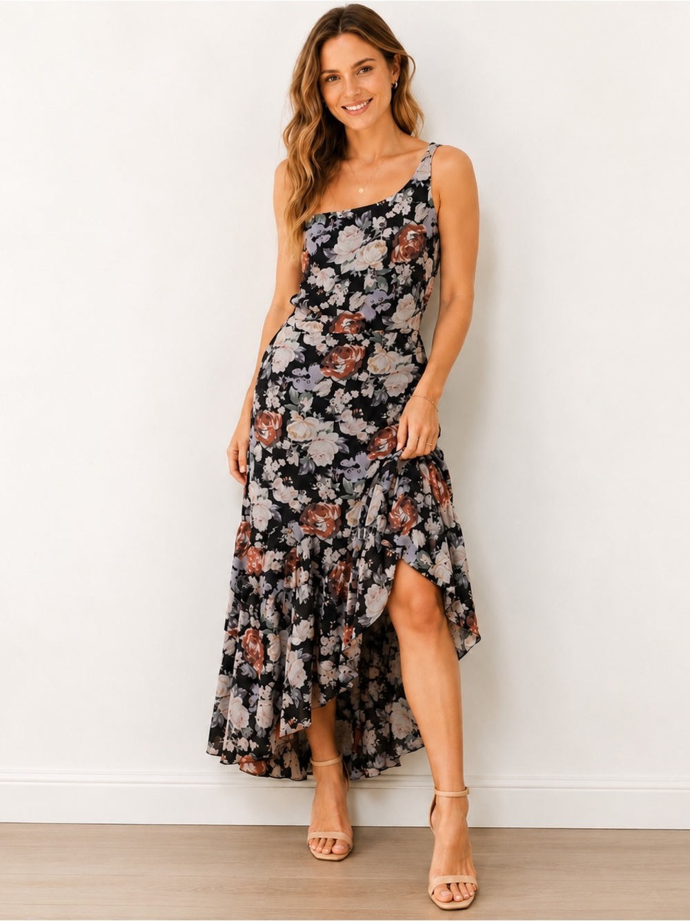 ASTR The Label Black Floral Maxi Dress One Sleeve Women’s Sz Medium Wedding Boho